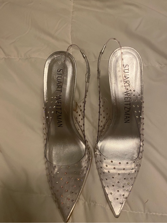 Stuart Weitzman Shoes - Stuart Weitzman Silver Pointed Slingback Heels with Crystal Studs